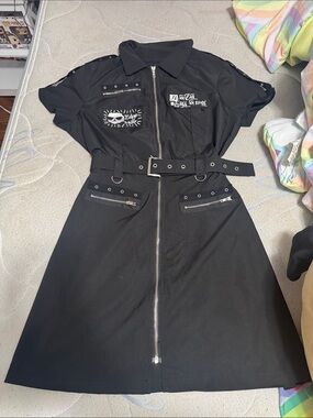 Black Zipper Front Utility Skull Dress with Belt